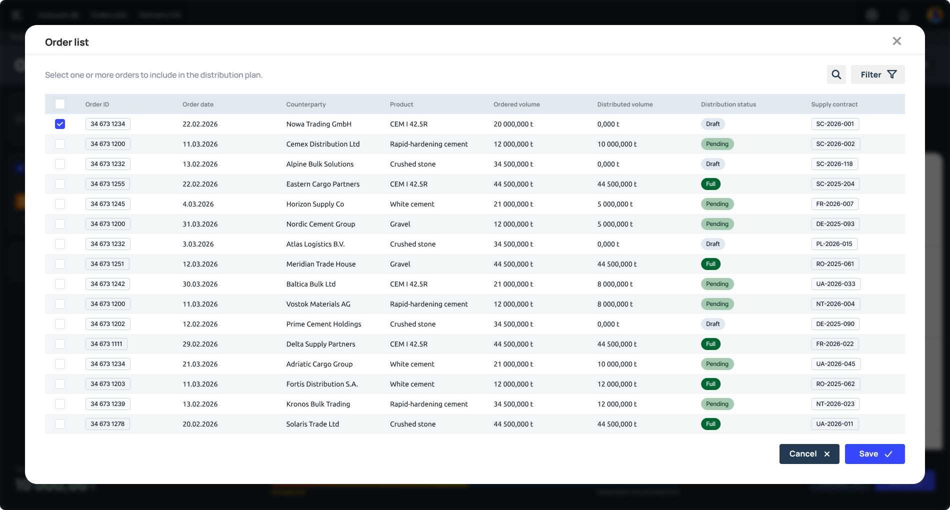 ERP order list with table settings