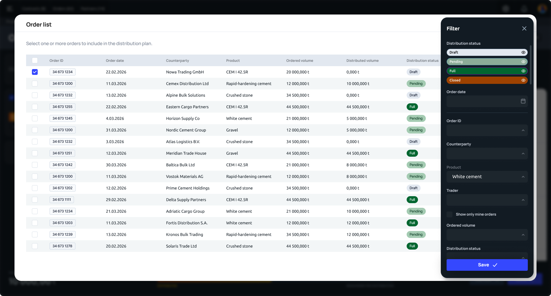ERP order list with filter panel