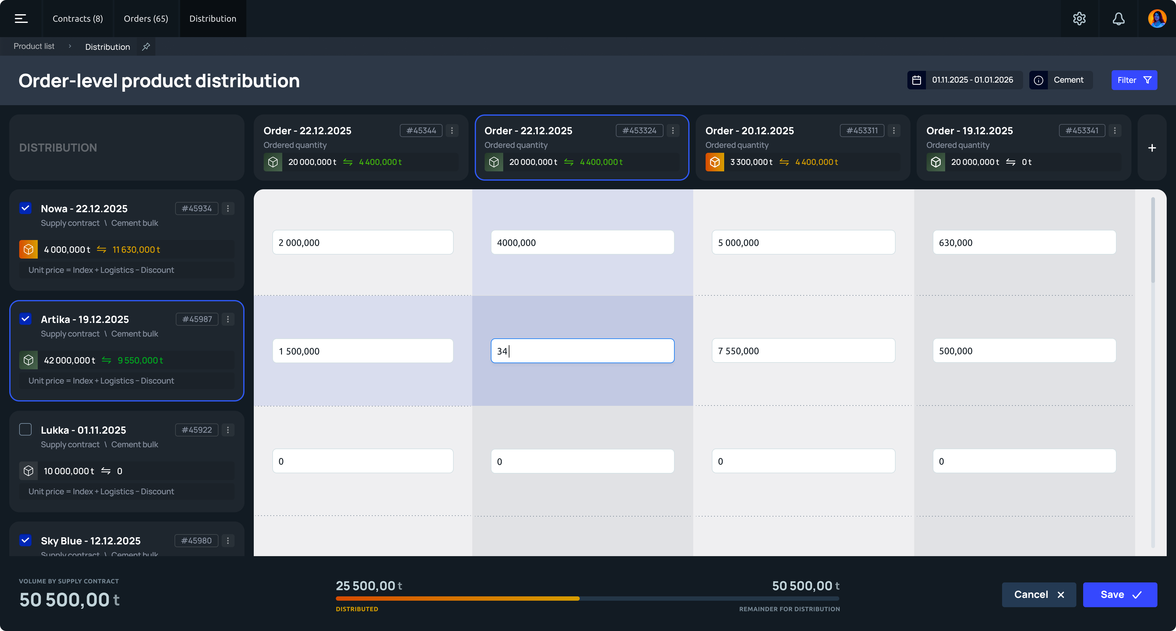ERP order-level product distribution screen — after