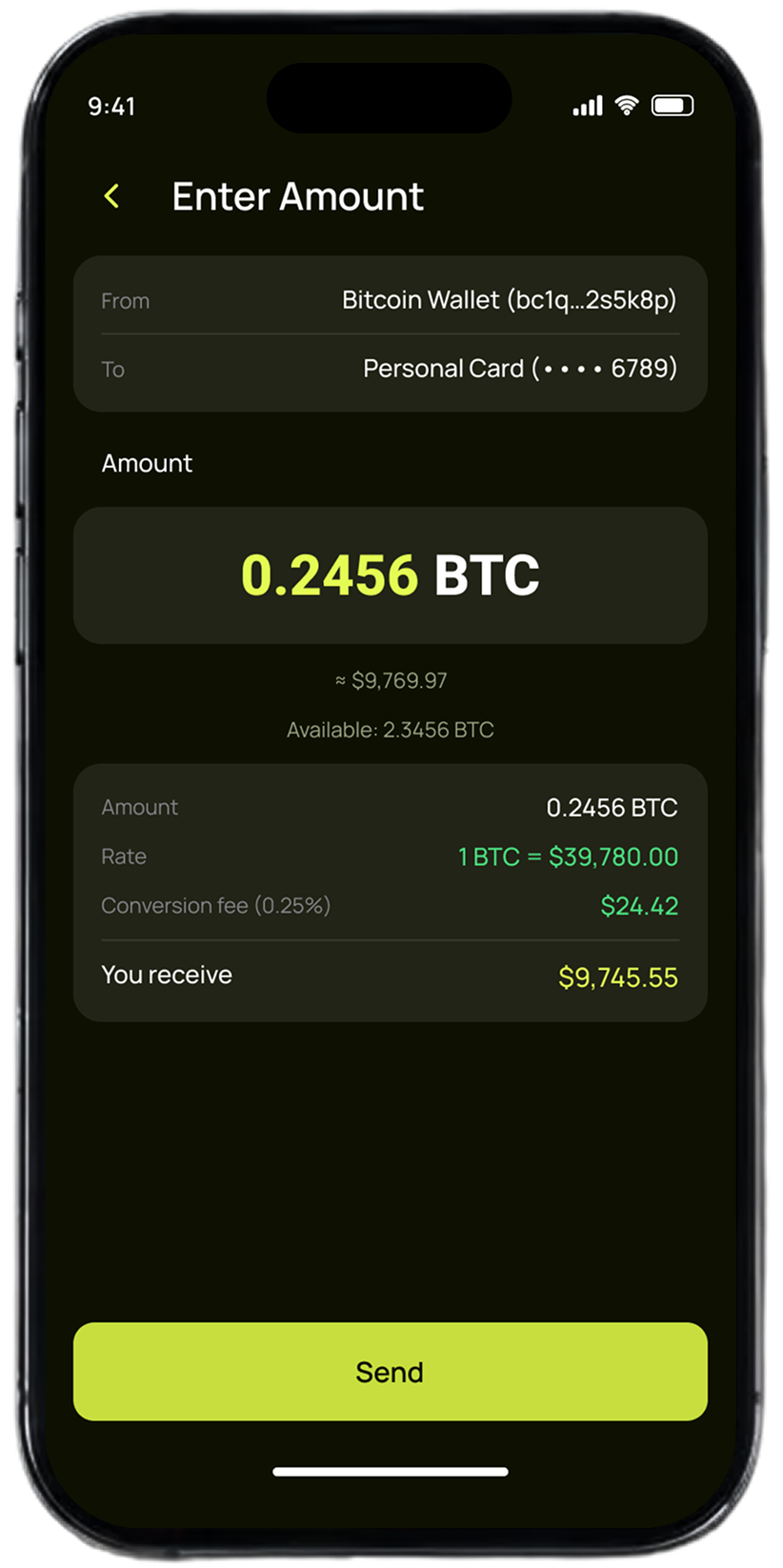 Pap-Pay enter amount screen with BTC rate and conversion fee