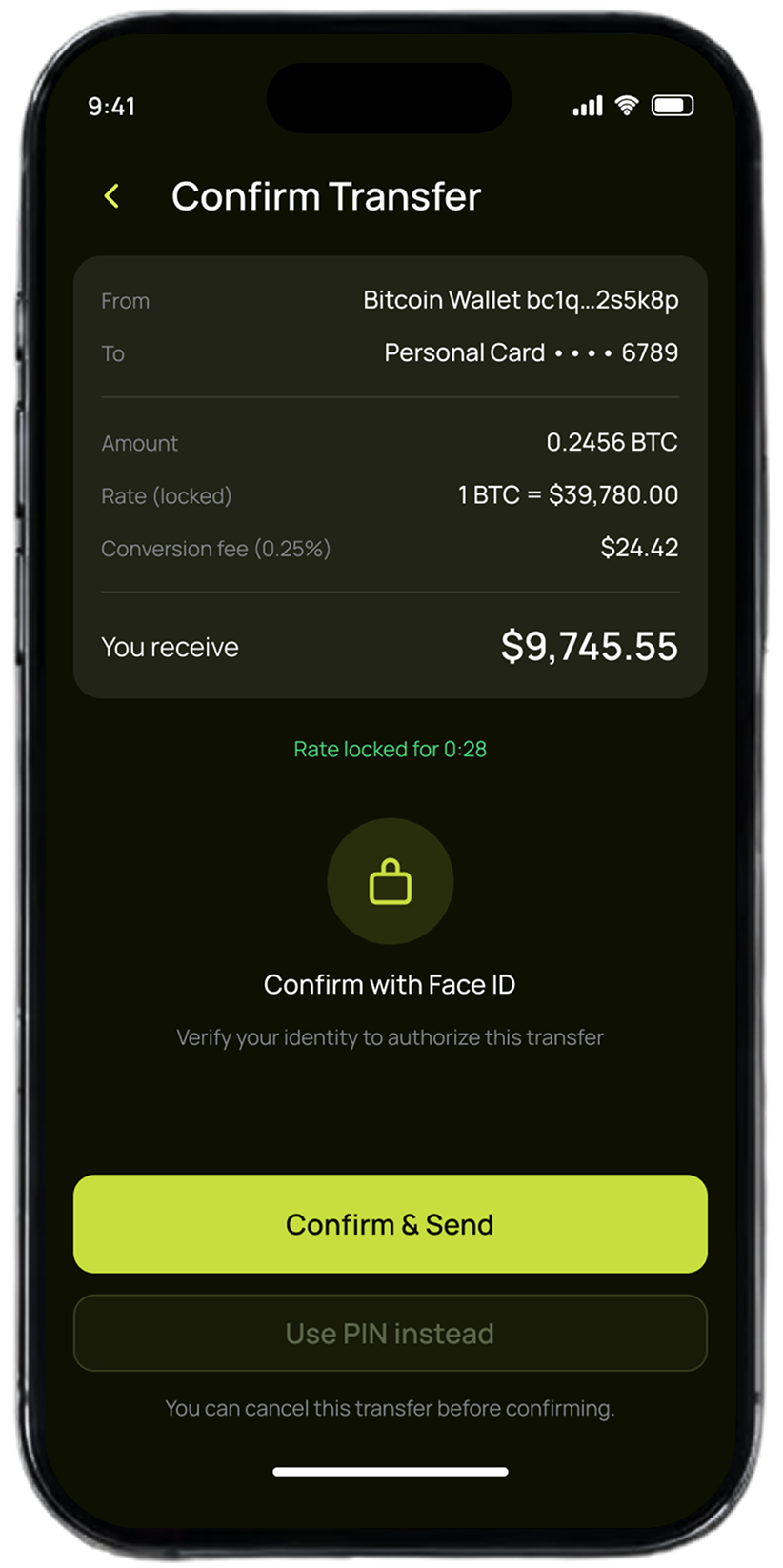 Pap-Pay confirm transfer screen with locked BTC rate