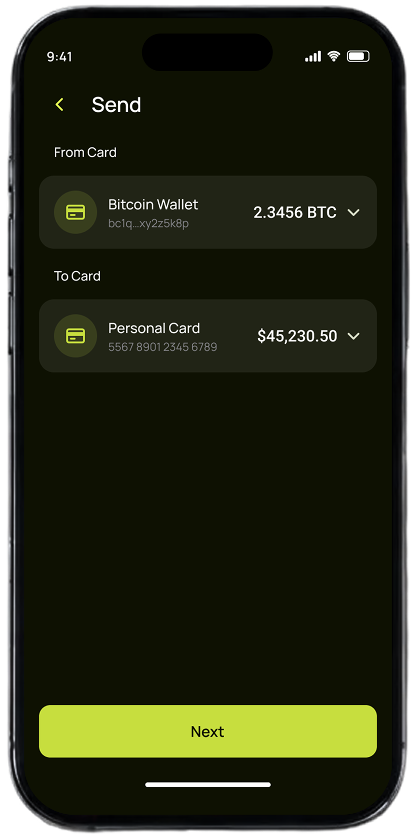 Pap-Pay convert screen — Bitcoin wallet to personal card