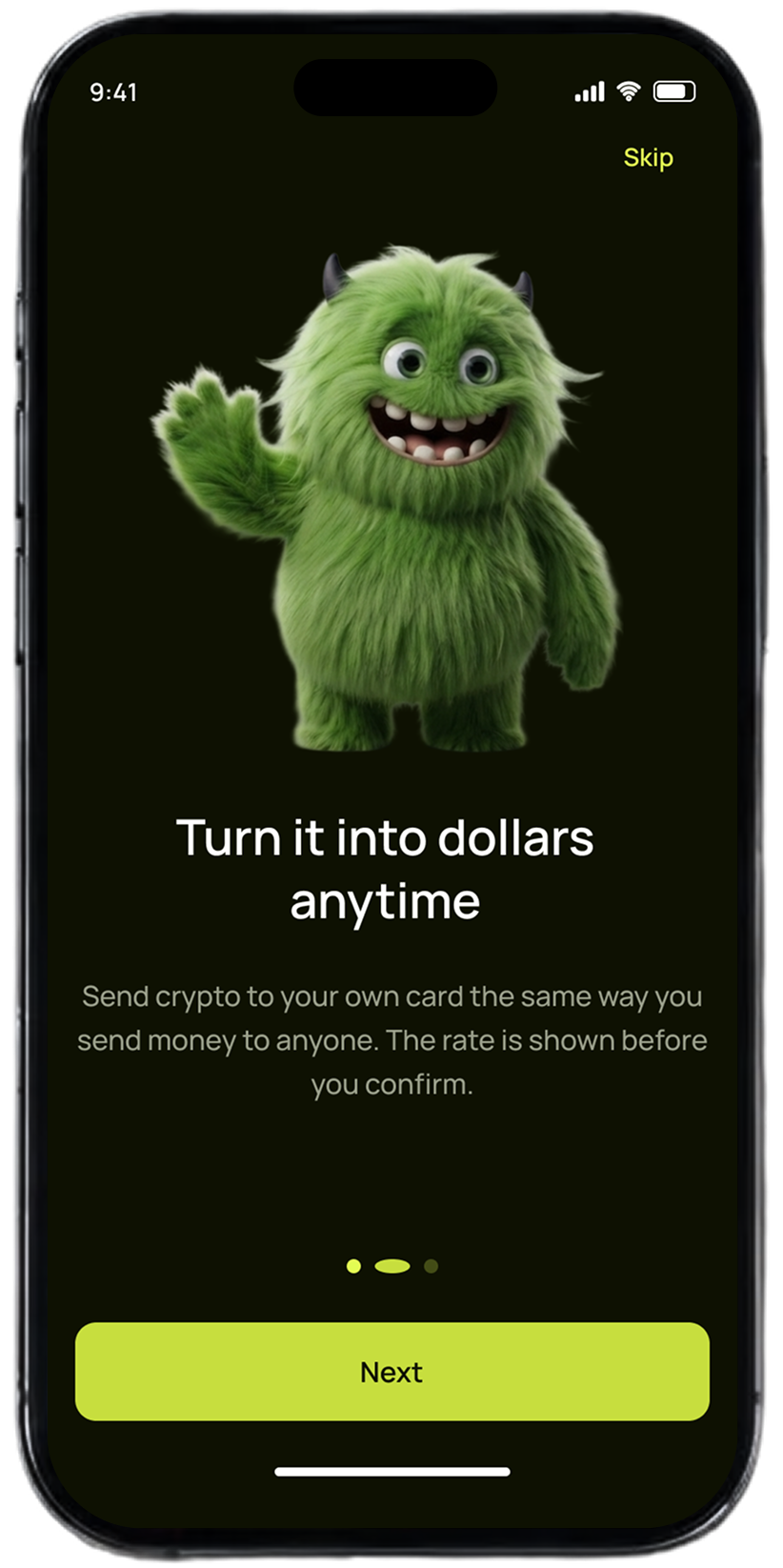 Pap-Pay onboarding screen explaining crypto to dollars conversion