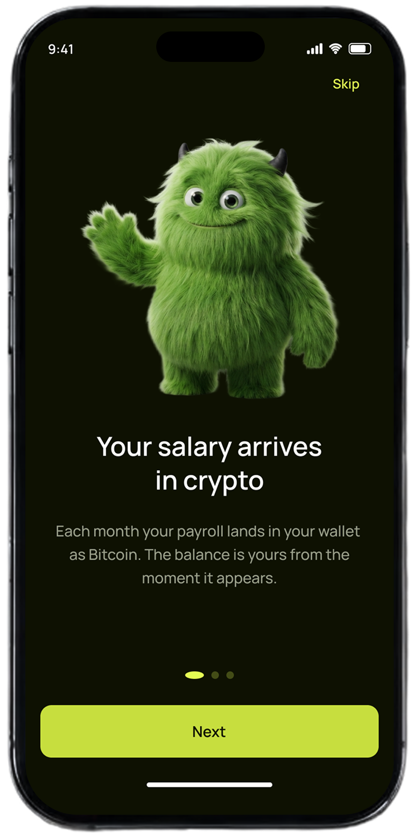 Pap-Pay onboarding screen explaining salary in crypto