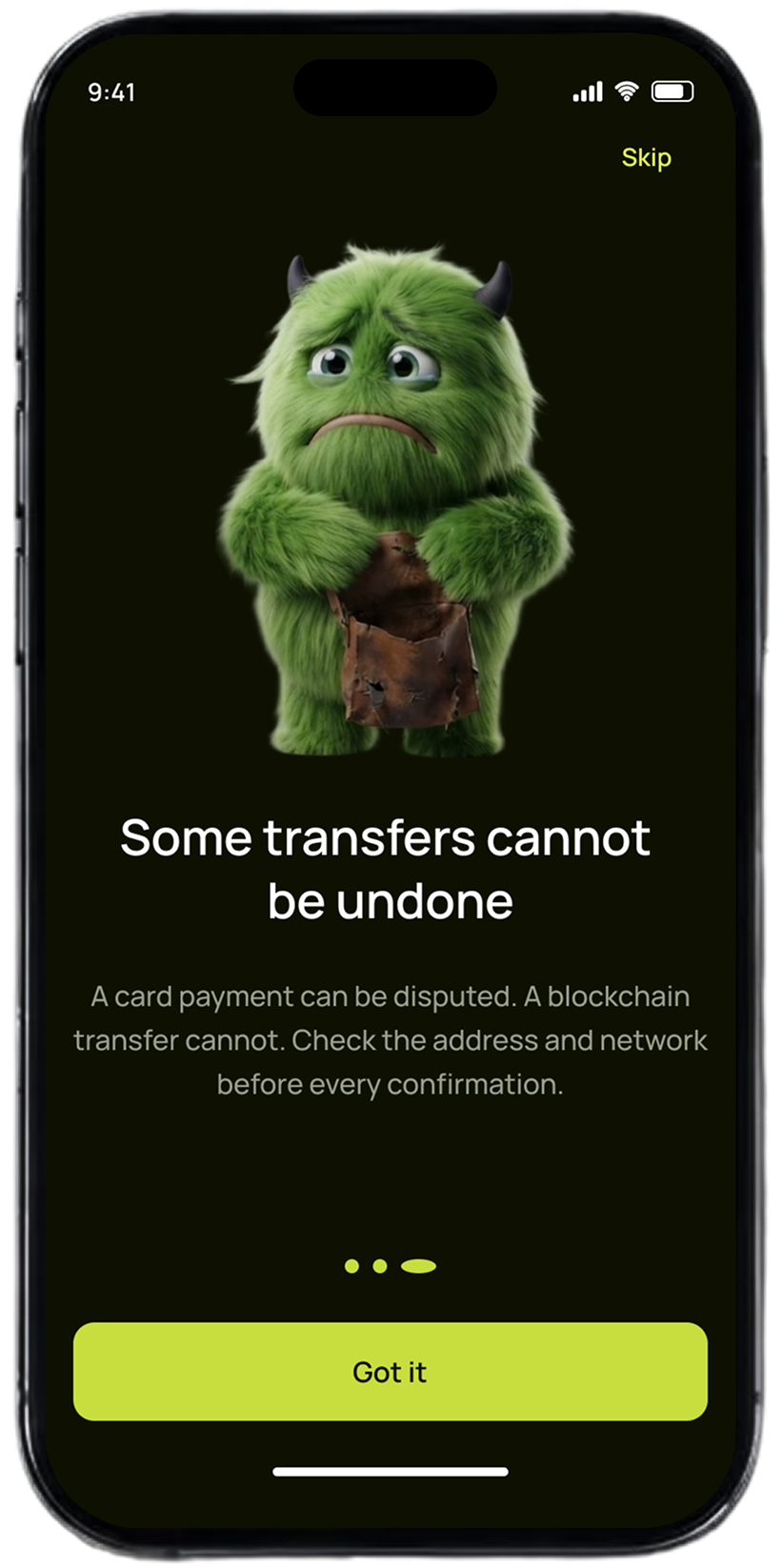 Pap-Pay onboarding screen warning that some transfers cannot be undone