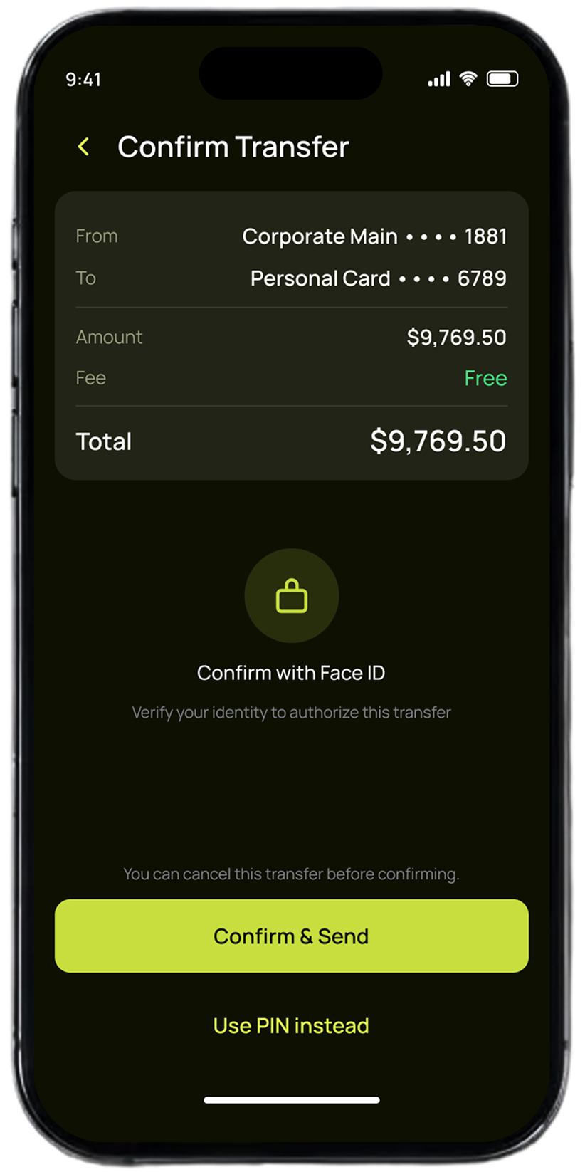 Pap-Pay confirm transfer screen with Face ID
