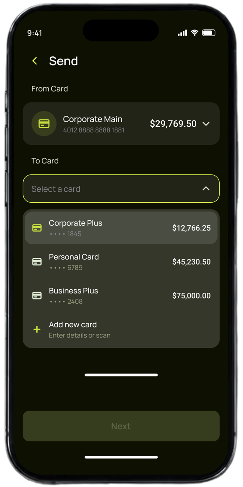 Pap-Pay send money screen — recipient card dropdown open