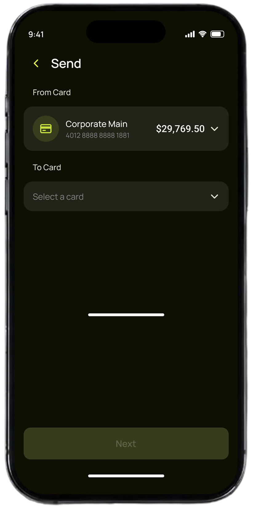 Pap-Pay send money screen — choosing a source card
