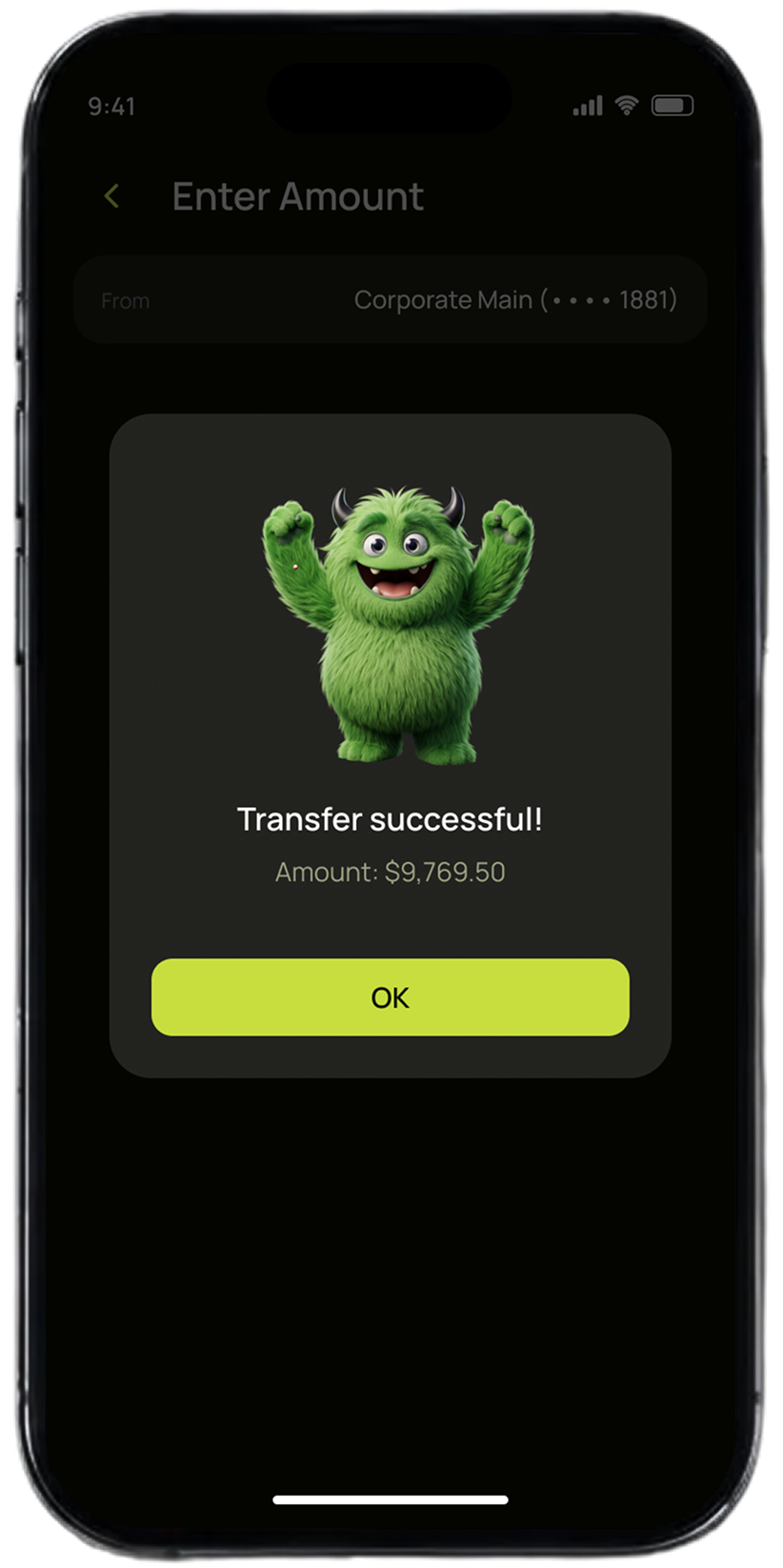 Pap-Pay transfer successful screen with mascot