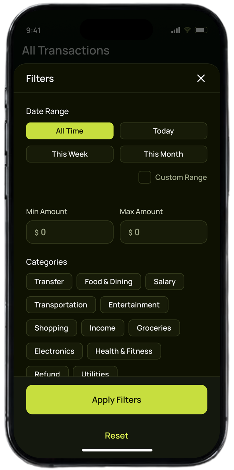 Pap-Pay transactions filters screen