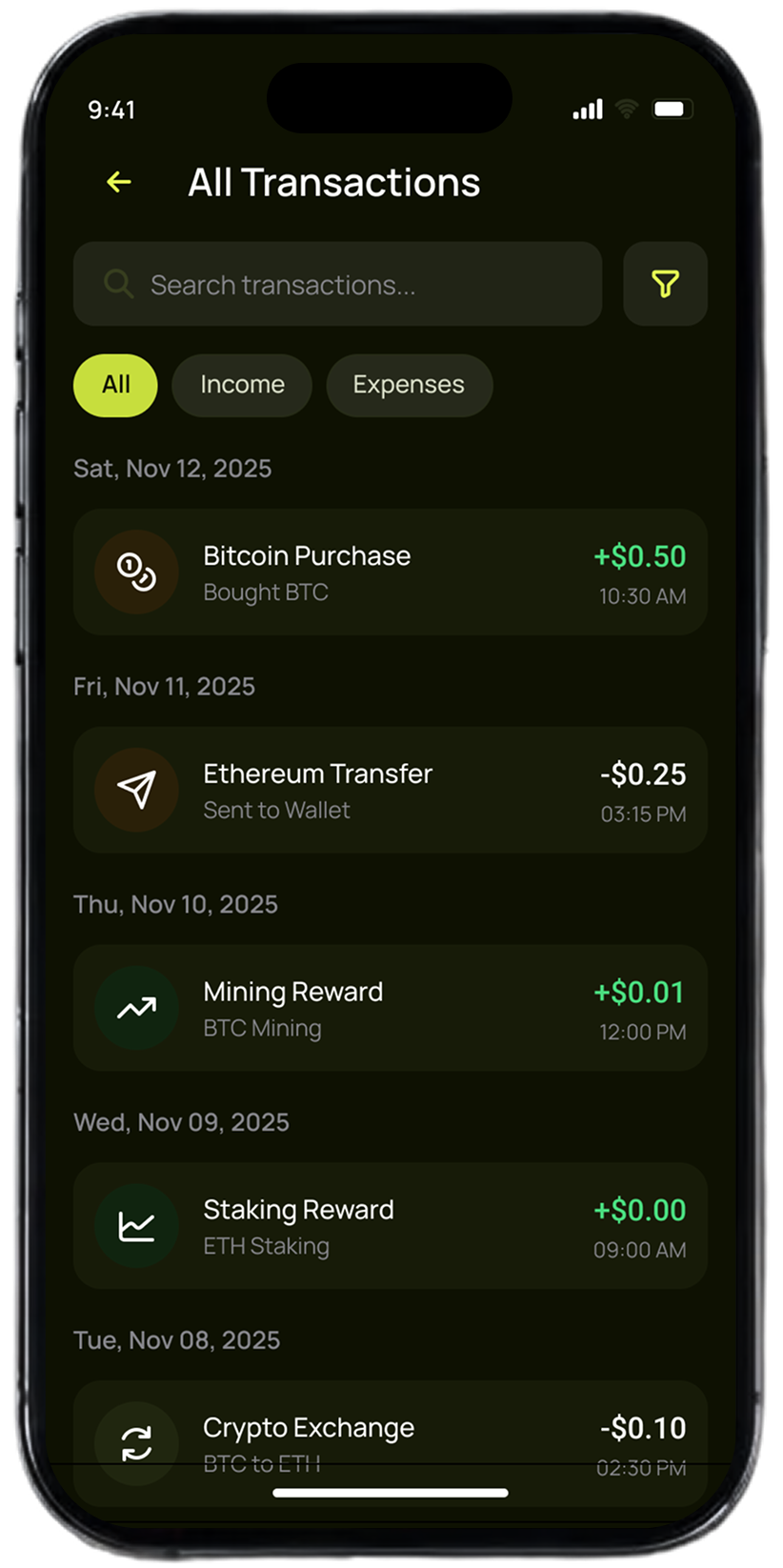 Pap-Pay all transactions list screen